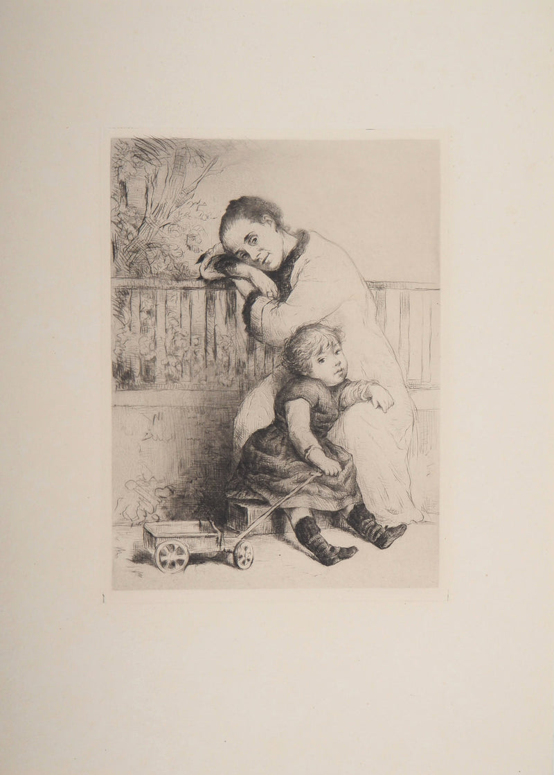 Marcelin DESBOUTIN : Mère et enfant, Gravure originale signée