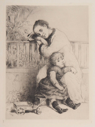 Marcelin DESBOUTIN : Mère et enfant, Gravure originale signée