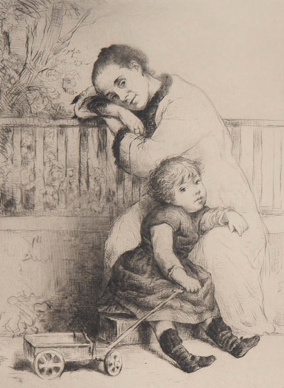 Marcelin DESBOUTIN : Mère et enfant, Gravure originale signée