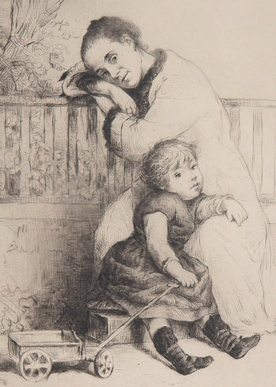 Marcelin DESBOUTIN : Mère et enfant, Gravure originale signée