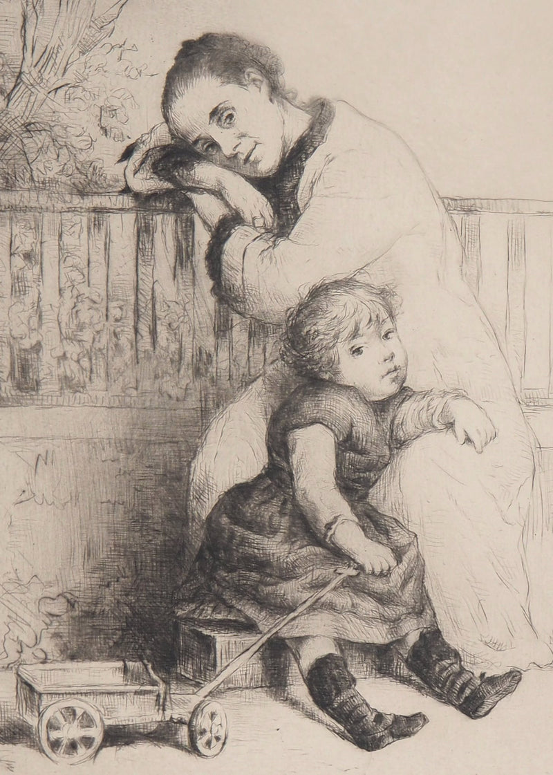 Marcelin DESBOUTIN : Mère et enfant, Gravure originale signée