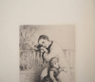 Marcelin DESBOUTIN : Mère et enfant, Gravure originale signée