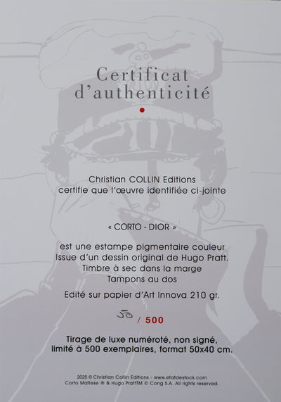 Hugo PRATT : Corto Maltese "DIOR", Estampe Originale signée
