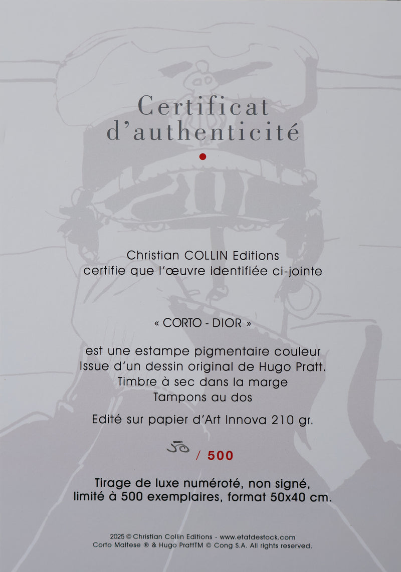 Hugo PRATT : Corto Maltese "DIOR", Estampe Originale signée