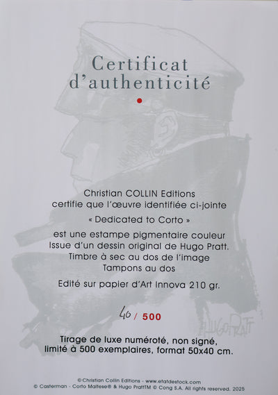 Hugo PRATT : Corto Maltese de profil, Estampe Originale signée