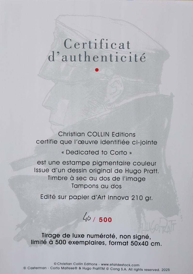 Hugo PRATT : Corto Maltese de profil, Estampe Originale signée