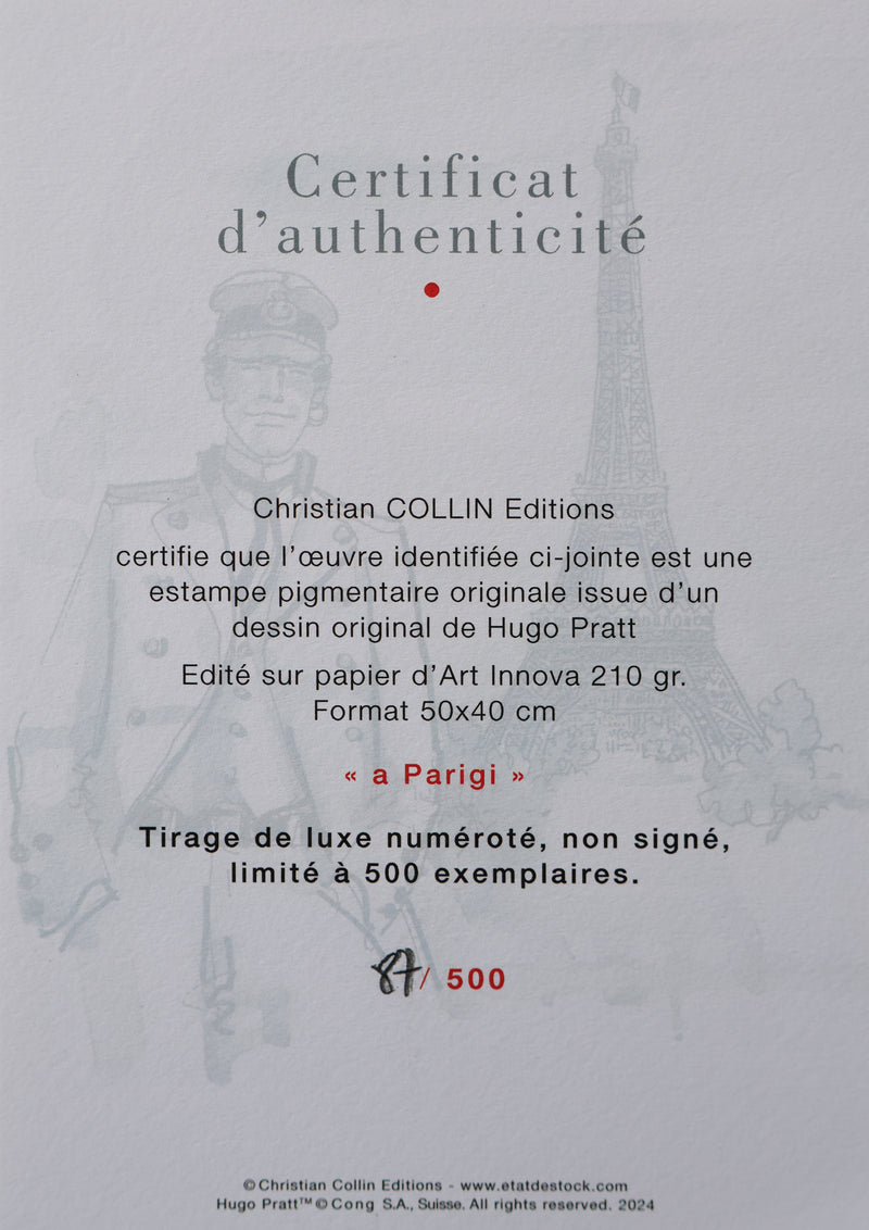 Hugo PRATT : Corto Maltese à Paris, Estampe Originale signée