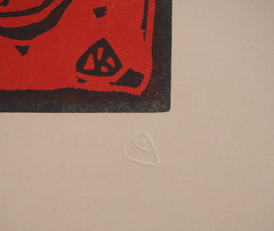 Vassily KANDINSKY : Composition en bleu et rouge, Bois gravé signé