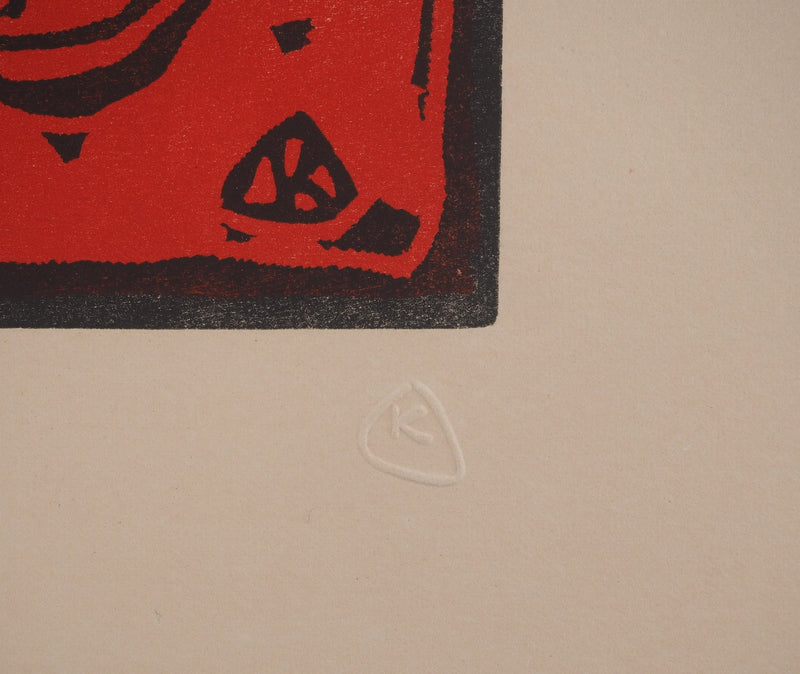 Vassily KANDINSKY : Composition en bleu et rouge, Bois gravé signé