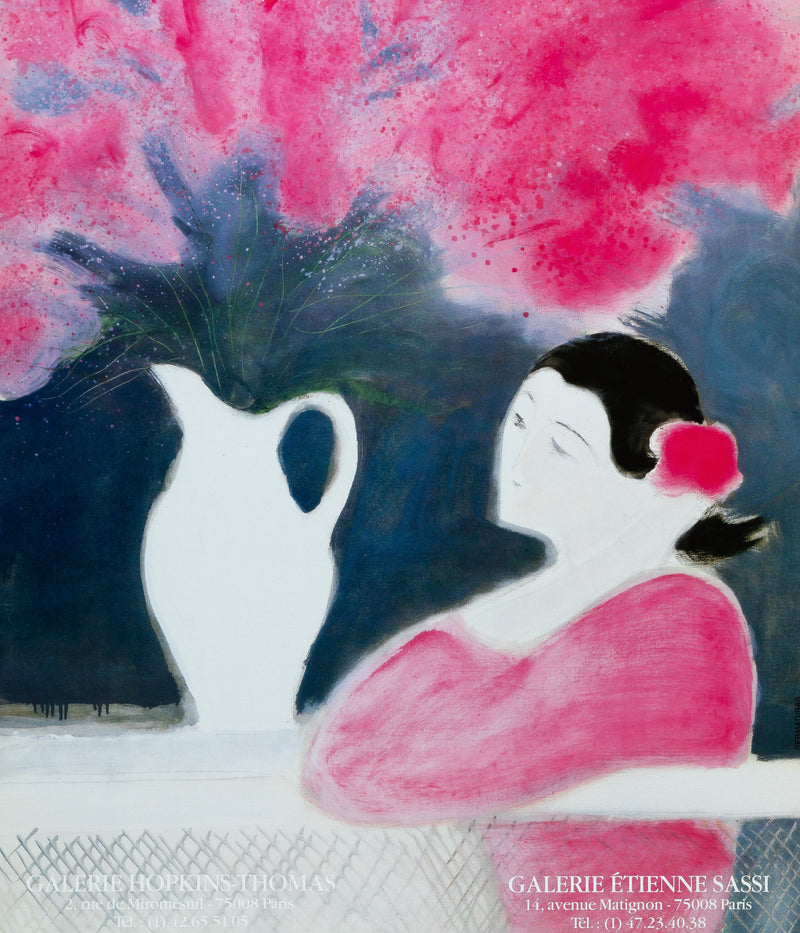 André BRASILIER : Jeune femme au bouquet rose, Affiche originale d&
