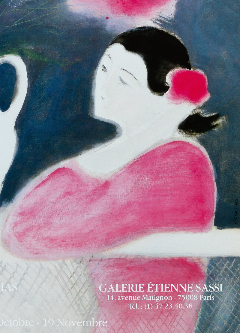 André BRASILIER : Jeune femme au bouquet rose, Affiche originale d&