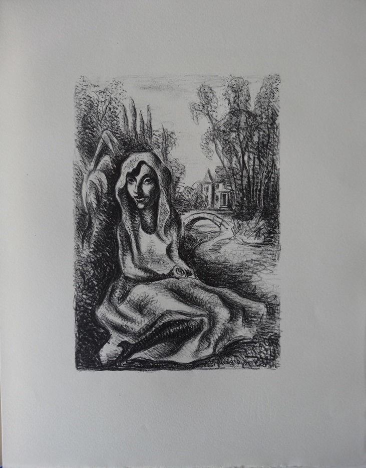 Pierre-Eugène CLAIRIN : Femme se reposant au bord de la rivière, Lithographie originale (vue générale) - Crédit photo : Galerie Art.Paris