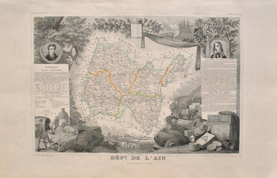 Victor LEVASSEUR : Carte ancienne de l'Ain, Gravure originale (vue générale) - Crédit photo : Galerie Art.Paris