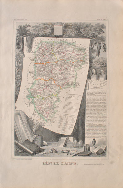 Victor LEVASSEUR : Carte ancienne de l'Aisne, Gravure originale (vue générale) - Crédit photo : Galerie Art.Paris