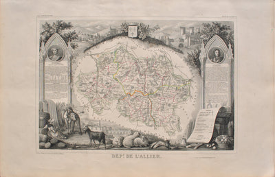 Victor LEVASSEUR : Carte ancienne de l'Allier, Gravure originale (vue générale) - Crédit photo : Galerie Art.Paris