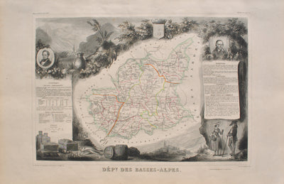 Victor LEVASSEUR : Carte ancienne des Basses Alpes, Gravure originale (vue générale) - Crédit photo : Galerie Art.Paris