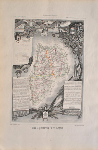 Victor LEVASSEUR : Carte ancienne de l'Ardèche, Gravure originale (vue générale) - Crédit photo : Galerie Art.Paris