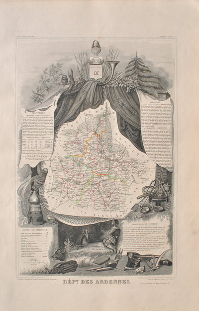 Victor LEVASSEUR : Carte ancienne des Ardennes, Gravure originale (vue générale) - Crédit photo : Galerie Art.Paris