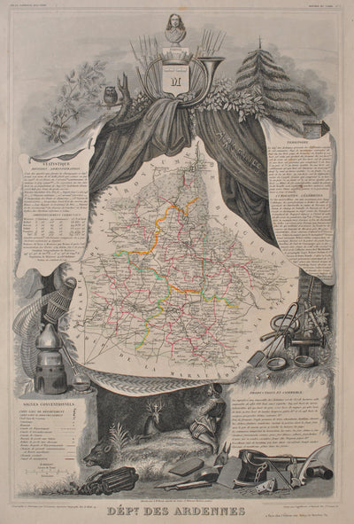 Victor LEVASSEUR : Carte ancienne des Ardennes, Gravure originale (photo de détail 2) - Crédit photo : Galerie Art.Paris