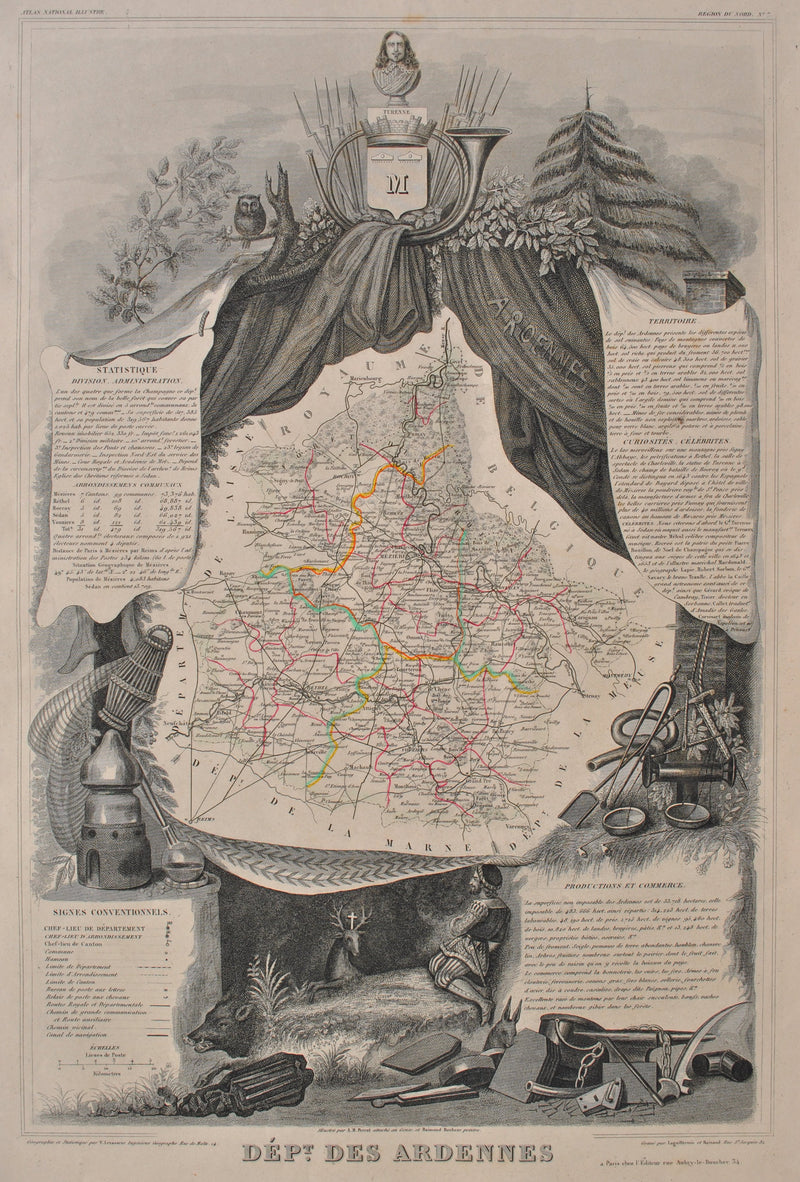 Victor LEVASSEUR : Carte ancienne des Ardennes, Gravure originale (photo de détail 2) - Crédit photo : Galerie Art.Paris