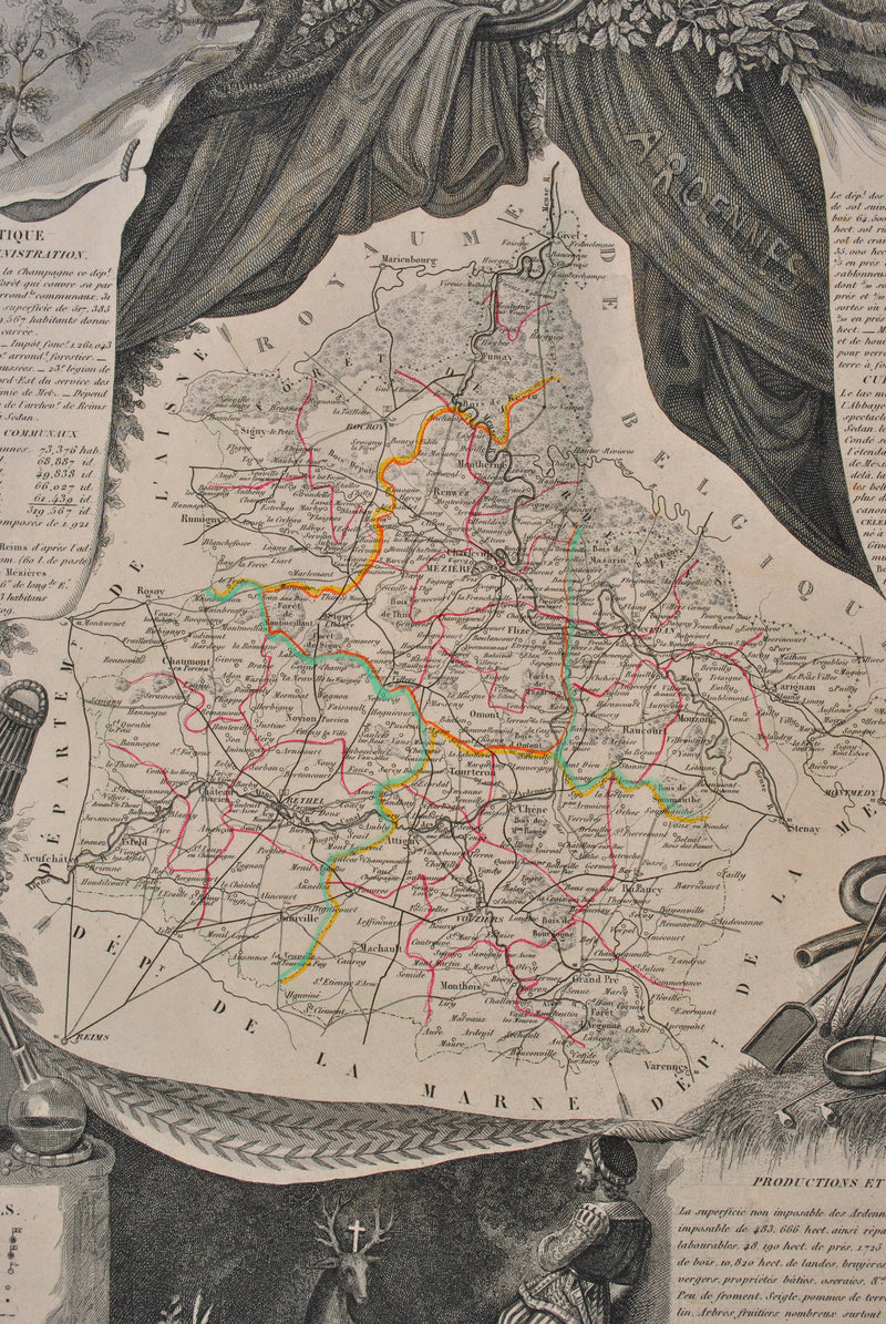 Victor LEVASSEUR : Carte ancienne des Ardennes, Gravure originale (photo de détail 6) - Crédit photo : Galerie Art.Paris