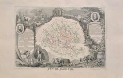 Victor LEVASSEUR : Carte ancienne de l'Ariège, Gravure originale (vue générale) - Crédit photo : Galerie Art.Paris