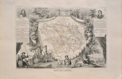 Victor LEVASSEUR : Carte ancienne de l'Aube, Gravure originale (vue générale) - Crédit photo : Galerie Art.Paris