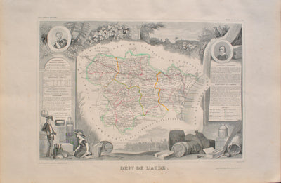 Victor LEVASSEUR : Carte ancienne de l'Aude, Gravure originale (vue générale) - Crédit photo : Galerie Art.Paris