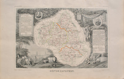 Victor LEVASSEUR : Carte ancienne de l'Aveyron, Gravure originale (vue générale) - Crédit photo : Galerie Art.Paris