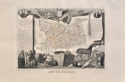 Victor LEVASSEUR : Carte ancienne du Calvados, Gravure originale (vue générale) - Crédit photo : Galerie Art.Paris