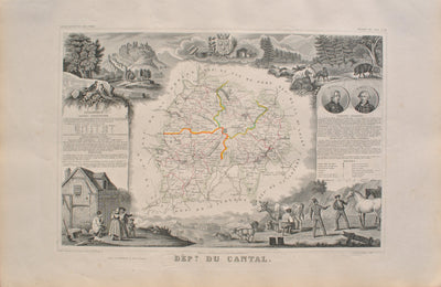 Victor LEVASSEUR : Carte ancienne du Cantal, Gravure originale (vue générale) - Crédit photo : Galerie Art.Paris