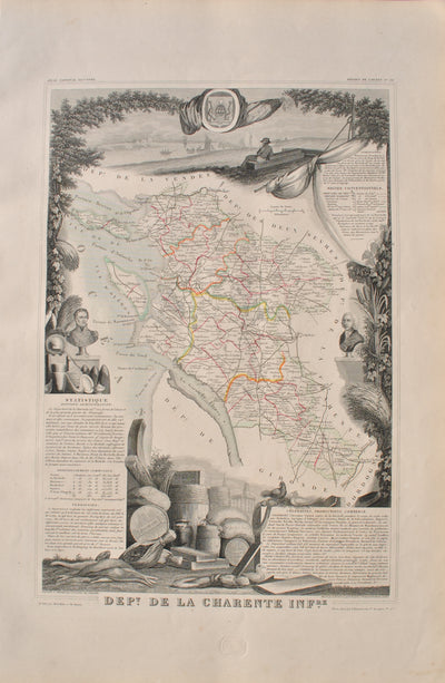 Victor LEVASSEUR : Carte ancienne de la Charente inférieure, Gravure originale (vue générale) - Crédit photo : Galerie Art.Paris