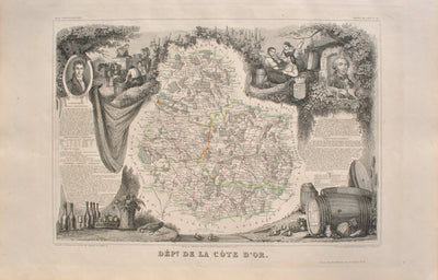 Victor LEVASSEUR : Carte ancienne de la Côte d'or, Gravure originale (vue générale) - Crédit photo : Galerie Art.Paris