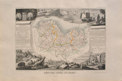 Victor LEVASSEUR : Carte ancienne des Côtes du Nord, Gravure originale (vue générale) - Crédit photo : Galerie Art.Paris