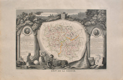 Victor LEVASSEUR : Carte ancienne de la Creuse, Gravure originale (vue générale) - Crédit photo : Galerie Art.Paris