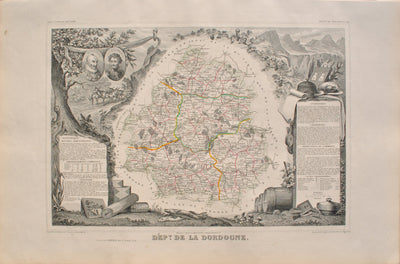 Victor LEVASSEUR : Carte ancienne de la Dordogne, Gravure originale (vue générale) - Crédit photo : Galerie Art.Paris