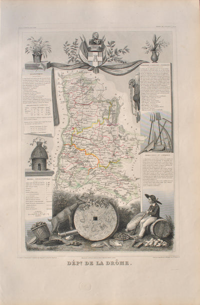 Victor LEVASSEUR : Carte ancienne de la Drôme, Gravure originale (vue générale) - Crédit photo : Galerie Art.Paris