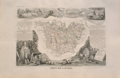 Victor LEVASSEUR : Carte ancienne de l'Eure, Gravure originale (vue générale) - Crédit photo : Galerie Art.Paris