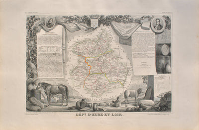 Victor LEVASSEUR : Carte ancienne de l'Eure et Loir, Gravure originale (vue générale) - Crédit photo : Galerie Art.Paris