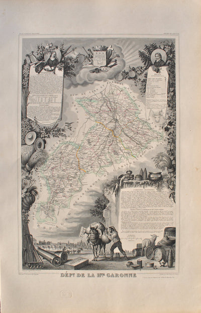 Victor LEVASSEUR : Carte ancienne  de la Haute Garonne, Gravure originale (vue générale) - Crédit photo : Galerie Art.Paris