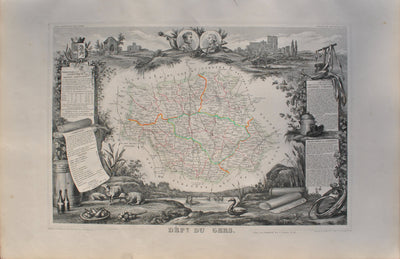 Victor LEVASSEUR : Carte ancienne  du Gers, Gravure originale (vue générale) - Crédit photo : Galerie Art.Paris