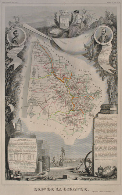 Victor LEVASSEUR : Carte ancienne  de la Gironde, Gravure originale (vue générale) - Crédit photo : Galerie Art.Paris