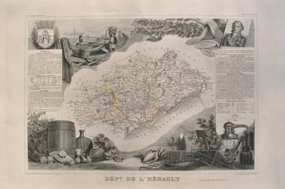 Victor LEVASSEUR : Carte ancienne  de l'Hérault, Gravure originale (vue générale) - Crédit photo : Galerie Art.Paris