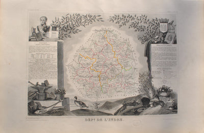 Victor LEVASSEUR : Carte ancienne  de l'Indre, Gravure originale (vue générale) - Crédit photo : Galerie Art.Paris