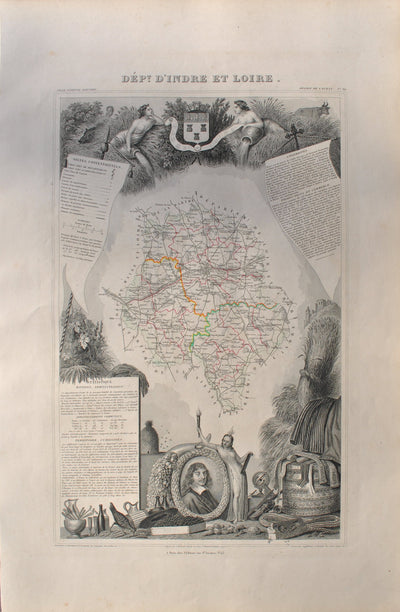 Victor LEVASSEUR : Carte ancienne  de l'Indre et Loire, Gravure originale (vue générale) - Crédit photo : Galerie Art.Paris