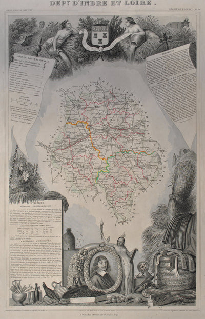 Victor LEVASSEUR : Carte ancienne  de l'Indre et Loire, Gravure originale (photo de détail 2) - Crédit photo : Galerie Art.Paris