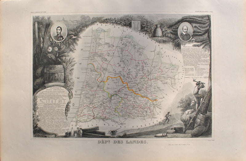 Victor LEVASSEUR : Carte ancienne  des Landes, Gravure originale (vue générale) - Crédit photo : Galerie Art.Paris