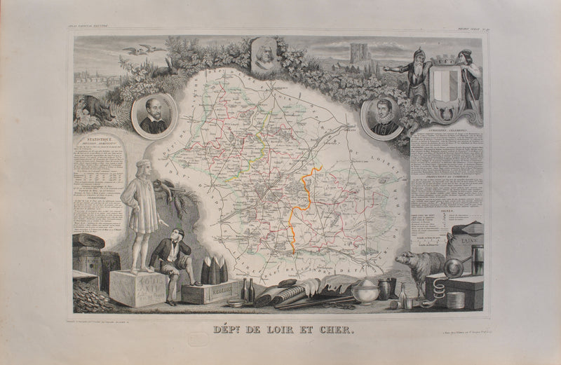 Victor LEVASSEUR : Carte ancienne du Loir et Cher, Gravure originale (vue générale) - Crédit photo : Galerie Art.Paris