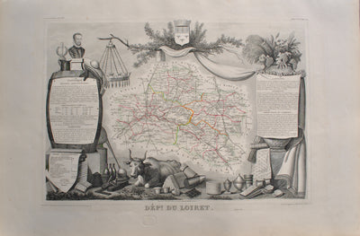 Victor LEVASSEUR : Carte ancienne du Loiret, Gravure originale (vue générale) - Crédit photo : Galerie Art.Paris