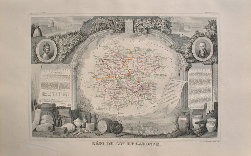 Victor LEVASSEUR : Carte ancienne du Lot et Garonne, Gravure originale (vue générale) - Crédit photo : Galerie Art.Paris